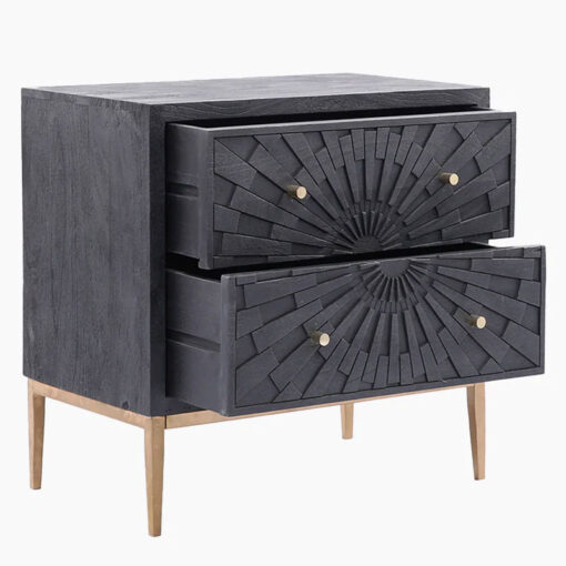 Boho Carved Black Mango Wood And Gold Metal 2 Drawer Chest Of Drawers