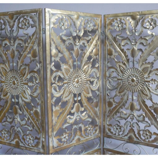 Boho Carved Mandala Antique Gold Metal Trifold Screen Room Divider 178cm