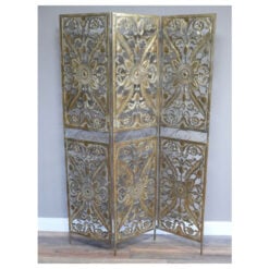 Boho Carved Mandala Antique Gold Metal Trifold Screen Room Divider 178cm