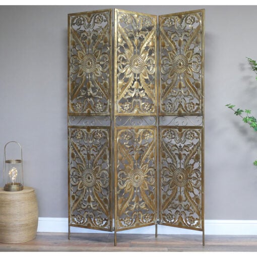 Boho Carved Mandala Antique Gold Metal Trifold Screen Room Divider 178cm