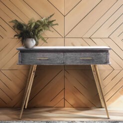 Boho Grey Mango Wood And Gold Metal 2 Drawer Console Table Desk Dressing Table