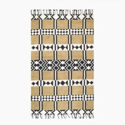 Boho Handwoven Cotton And Wool Black And Beige Geometric Fringed Kilim Carpet 230cm