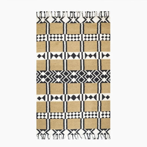 Boho Handwoven Cotton And Wool Black And Beige Geometric Fringed Kilim Carpet 230cm
