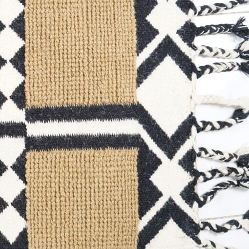 Boho Handwoven Cotton And Wool Black And Beige Geometric Fringed Kilim Carpet 230cm