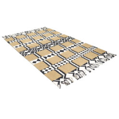 Boho Handwoven Cotton And Wool Black And Beige Geometric Fringed Kilim Carpet 230cm