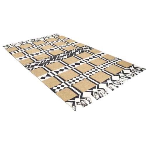 Boho Handwoven Cotton And Wool Black And Beige Geometric Fringed Kilim Carpet 230cm