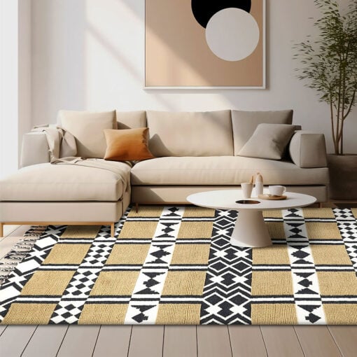 Boho Handwoven Cotton And Wool Black And Beige Geometric Fringed Kilim Carpet 230cm