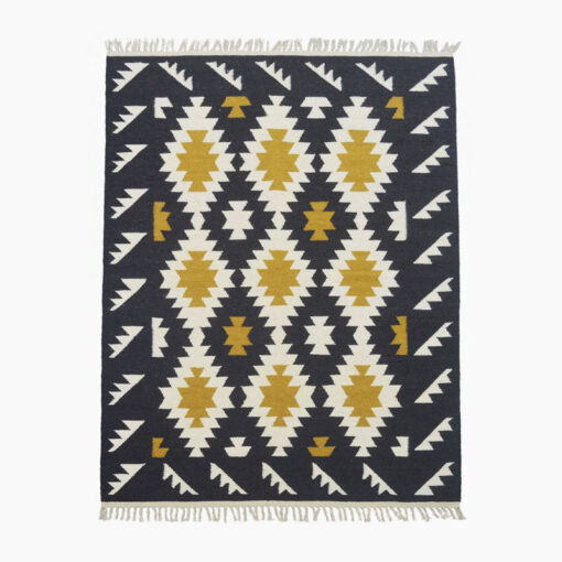 Boho Handwoven Cotton And Wool Black And Gold Diamond Fringed Kilim Carpet 230cm