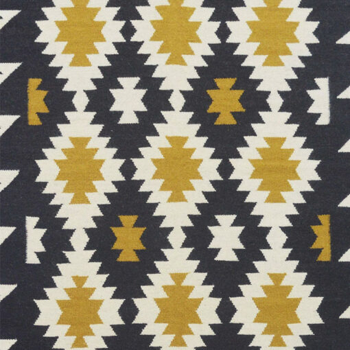 Boho Handwoven Cotton And Wool Black And Gold Diamond Fringed Kilim Carpet 230cm