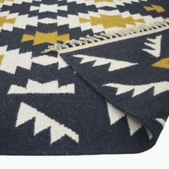 Boho Handwoven Cotton And Wool Black And Gold Diamond Fringed Kilim Carpet 230cm