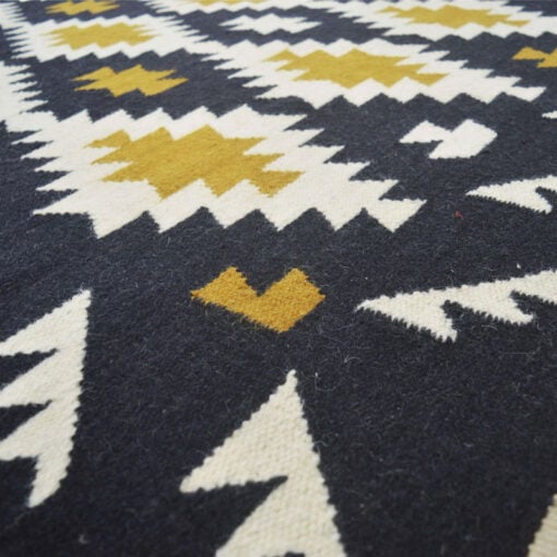 Boho Handwoven Cotton And Wool Black And Gold Diamond Fringed Kilim Carpet 230cm