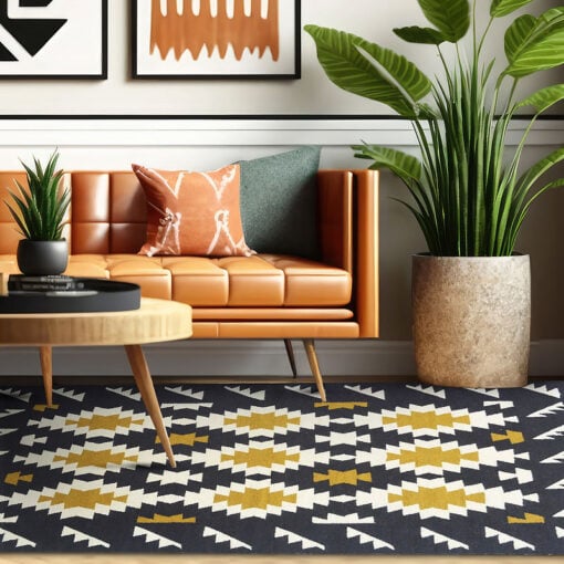 Boho Handwoven Cotton And Wool Black And Gold Diamond Fringed Kilim Carpet 230cm