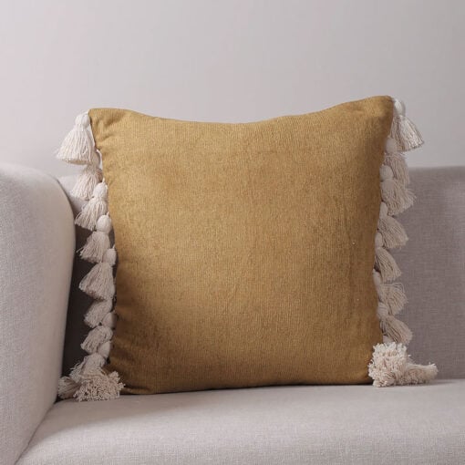 Boho Handwoven Cotton Muted Mustard Filled Cushion With Off White Tassels 50cm