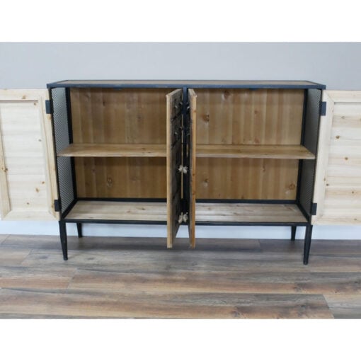 Boho Industrial Black Metal And Solid Wood 4 Door Apothecary Look Cabinet Sideboard 120cm