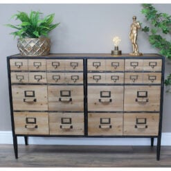 Boho Industrial Black Metal And Solid Wood 4 Door Apothecary Look Cabinet Sideboard 120cm