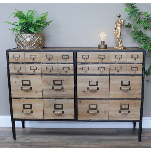 Boho Industrial Black Metal And Solid Wood 4 Door Apothecary Look Cabinet Sideboard 120cm