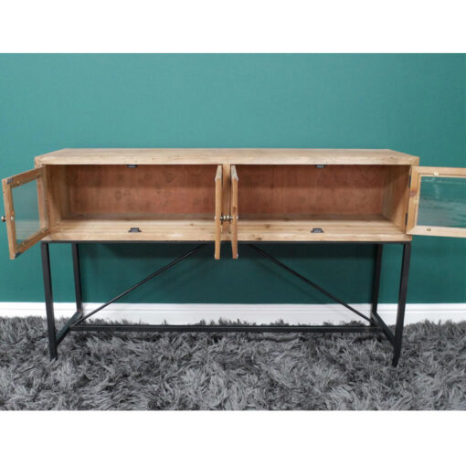 Boho Industrial Black Metal And Solid Wood 4 Glass Door Sideboard 120cm