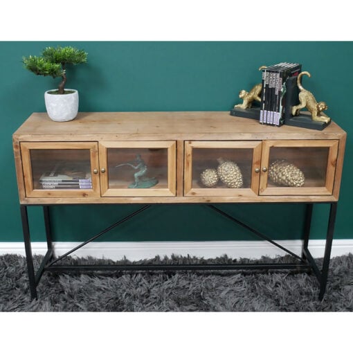 Boho Industrial Black Metal And Solid Wood 4 Glass Door Sideboard 120cm
