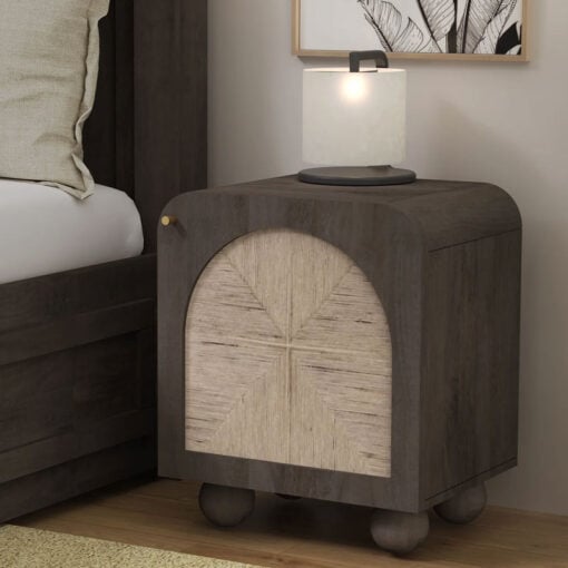 Boho Japandi Ash Grey Coloured Solid Mango Wood And Woven Jute Bedside Cabinet Table