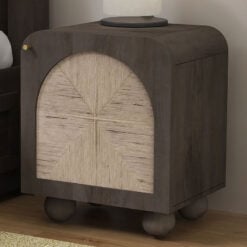 Boho Japandi Ash Grey Coloured Solid Mango Wood And Woven Jute Bedside Cabinet Table