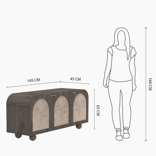 Boho Japandi Ash Grey Coloured Solid Mango Wood And Woven Jute Sideboard 145cm
