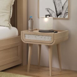 Boho Japandi Light Mango Wood And Stone Inlay 1 Drawer Bedside Cabinet Table