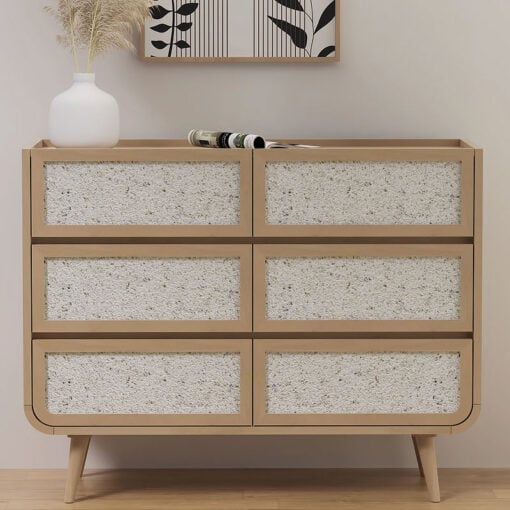 Boho Japandi Light Mango Wood And Stone Inlay 6 Drawer Chest Of Drawers