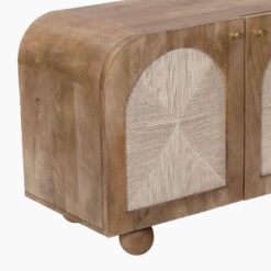 Boho Japandi Walnut Coloured Solid Mango Wood And Woven Jute Arched Sideboard 145cm