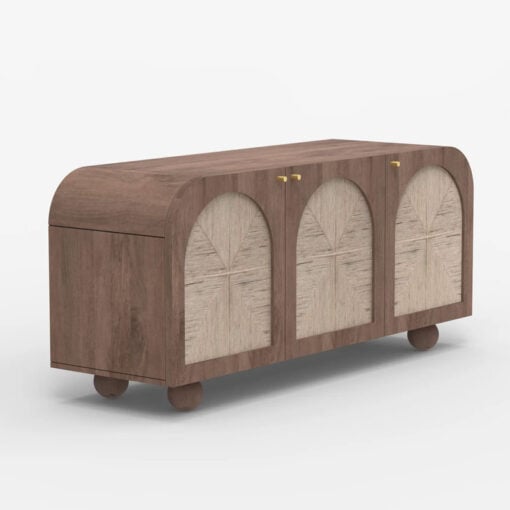 Boho Japandi Walnut Coloured Solid Mango Wood And Woven Jute Arched Sideboard 145cm