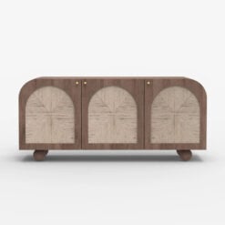 Boho Japandi Walnut Coloured Solid Mango Wood And Woven Jute Arched Sideboard 145cm