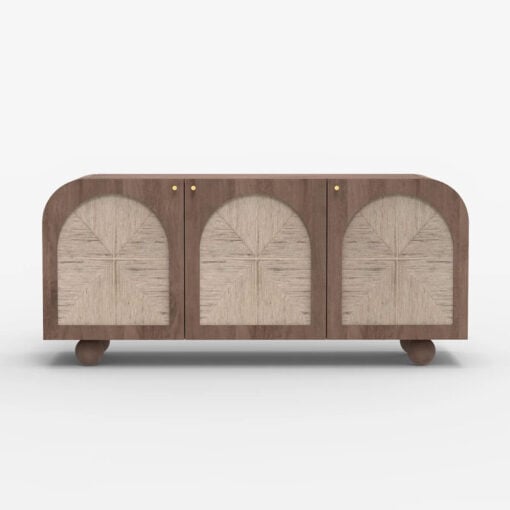 Boho Japandi Walnut Coloured Solid Mango Wood And Woven Jute Arched Sideboard 145cm
