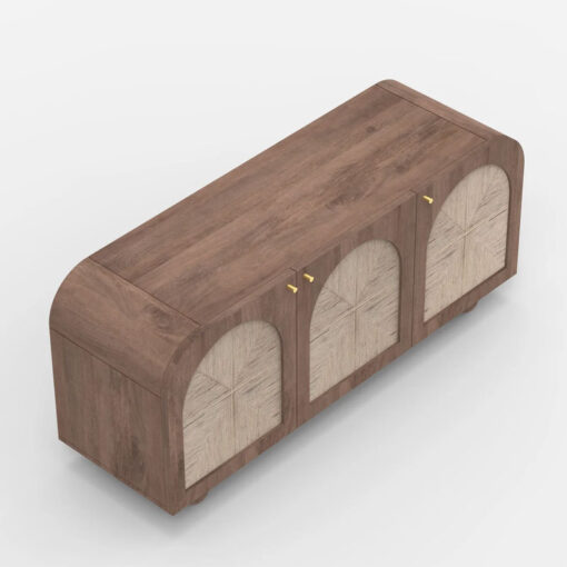 Boho Japandi Walnut Coloured Solid Mango Wood And Woven Jute Arched Sideboard 145cm