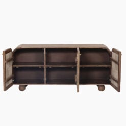 Boho Japandi Walnut Coloured Solid Mango Wood And Woven Jute Arched Sideboard 145cm