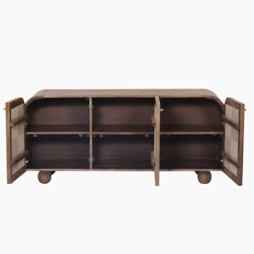 Boho Japandi Walnut Coloured Solid Mango Wood And Woven Jute Arched Sideboard 145cm
