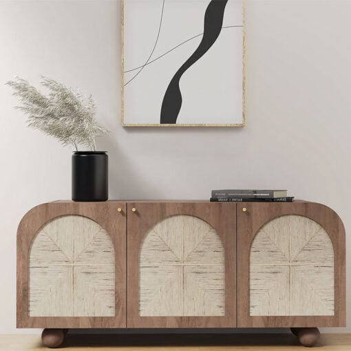 Boho Japandi Walnut Coloured Solid Mango Wood And Woven Jute Arched Sideboard 145cm