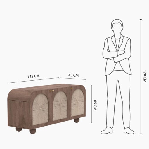 Boho Japandi Walnut Coloured Solid Mango Wood And Woven Jute Arched Sideboard 145cm