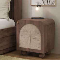 Boho Japandi Walnut Coloured Solid Mango Wood And Woven Jute Bedside Cabinet Table