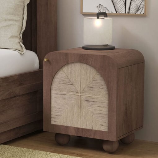 Boho Japandi Walnut Coloured Solid Mango Wood And Woven Jute Bedside Cabinet Table