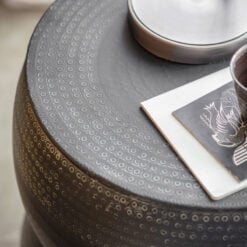 Boho Moroccan Hammered Embossed Antique Charcoal Grey Metal Drum Side Table