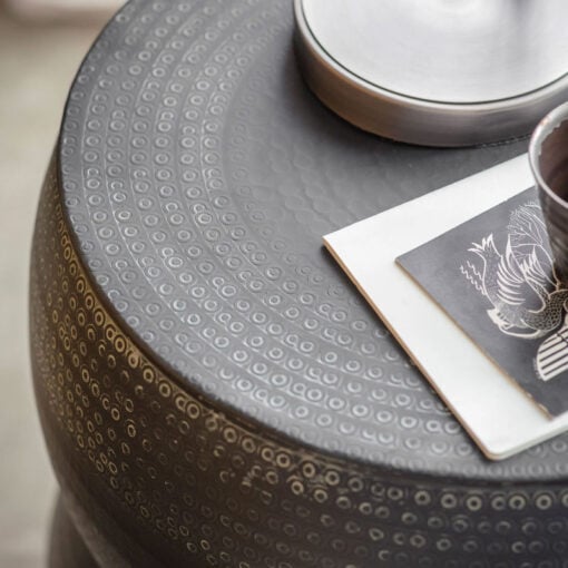 Boho Moroccan Hammered Embossed Antique Charcoal Grey Metal Drum Side Table