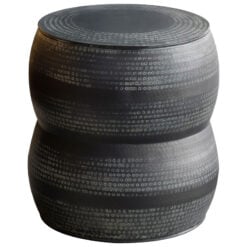 Boho Moroccan Hammered Embossed Antique Charcoal Grey Metal Drum Side Table