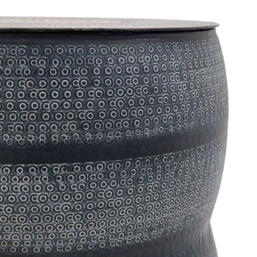 Boho Moroccan Hammered Embossed Antique Charcoal Grey Metal Drum Side Table
