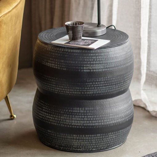 Boho Moroccan Hammered Embossed Antique Charcoal Grey Metal Drum Side Table