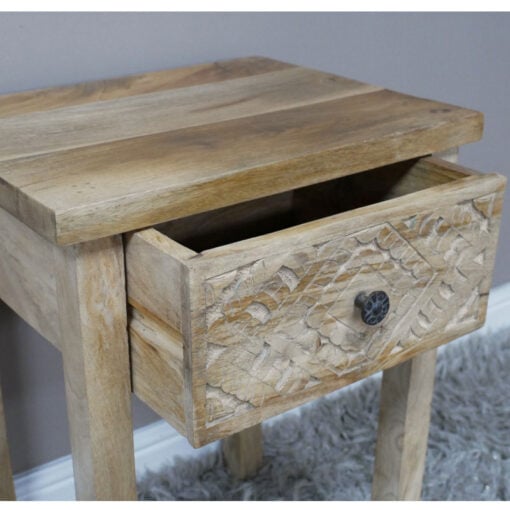 Boho Rustic Carved Solid Mango Wood 1 Drawer Bedside Cabinet Side Table