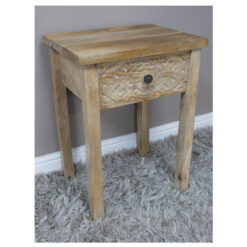 Boho Rustic Carved Solid Mango Wood 1 Drawer Bedside Cabinet Side Table