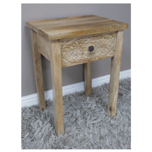 Boho Rustic Carved Solid Mango Wood 1 Drawer Bedside Cabinet Side Table