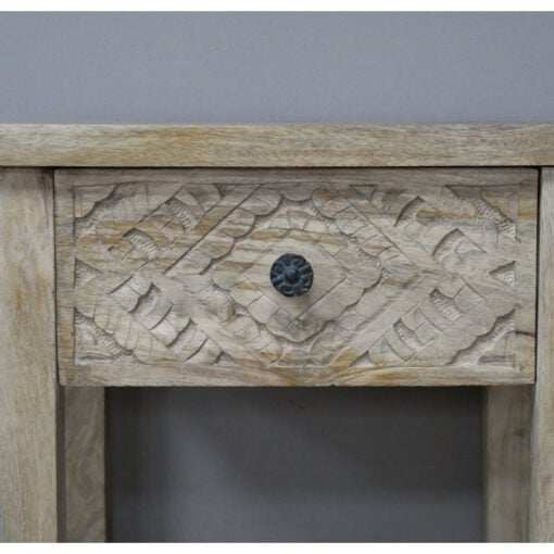 Boho Rustic Carved Solid Mango Wood 1 Drawer Bedside Cabinet Side Table