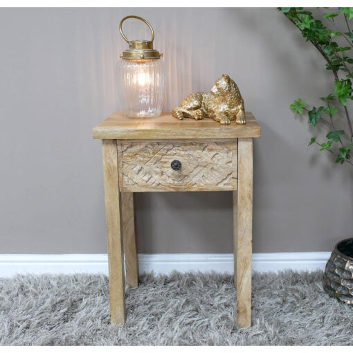 Boho Rustic Carved Solid Mango Wood 1 Drawer Bedside Cabinet Side Table