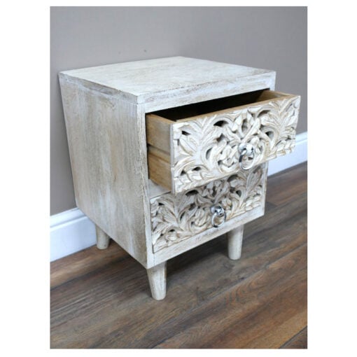 Boho Rustic Carved Solid White Washed Mango Wood 2 Drawer Bedside Table Cabinet