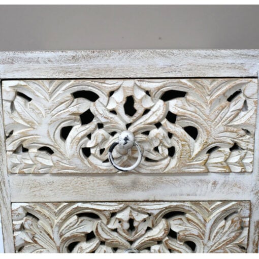 Boho Rustic Carved Solid White Washed Mango Wood 2 Drawer Bedside Table Cabinet
